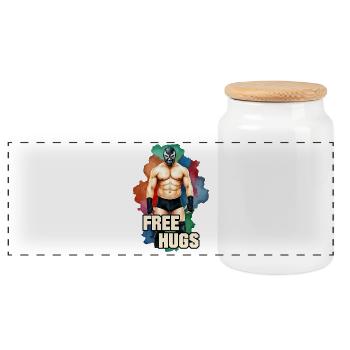Muscular Man Wrestler - FREE HUGS 1 - Panoramic Cookie Jar with Wooden Lid - white - Front