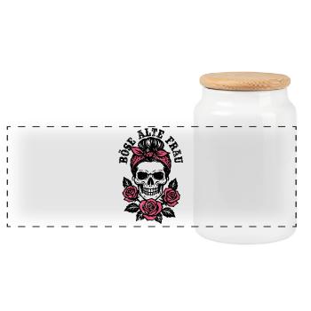 Böse alte Frau - Totenkopf - Rosen - Spruch - Panorama Keksdose mit Holzdeckel - Weiß - Vorne