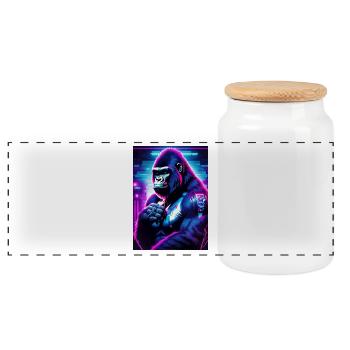 Neon gorilla in cyberpunk style - Panoramic Cookie Jar with Wooden Lid - white - Front
