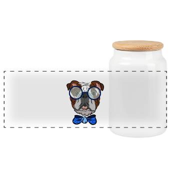 Bouledogue avec lunettes et boucle, idée cadeau - Boîte à biscuits avec couvercle en bois - blanc - Devant