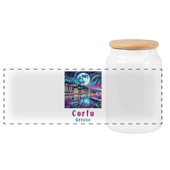 Corfu Greece moonlight design - Panoramic Cookie Jar with Wooden Lid - white - Front