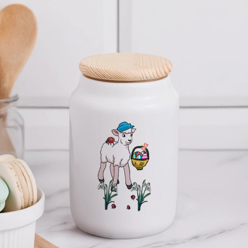 Easter Sheep Sheep Easter Eggs Child Easter Lamb Panoramic Cookie Jar with Wooden Lid