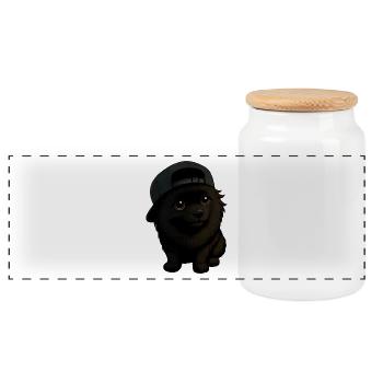 Lustiger Spitz Hund mit Cap und Ausdruck - Panorama Keksdose mit Holzdeckel - Weiß - Vorne