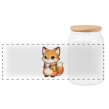 Cuddly fox with tea and scarf - Panoramic Cookie Jar with Wooden Lid - white - Front