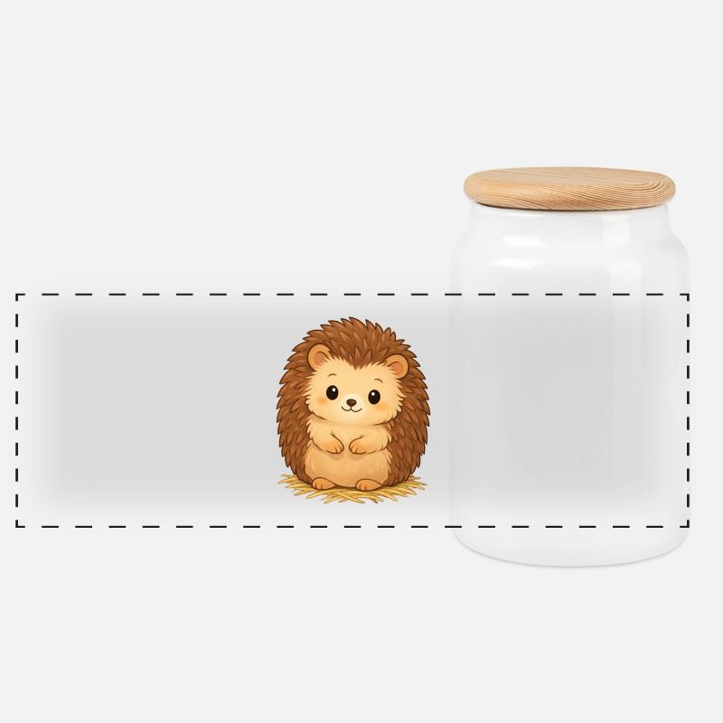 Cuddly hedgehog on hay - Panoramic Cookie Jar with Wooden Lid - white