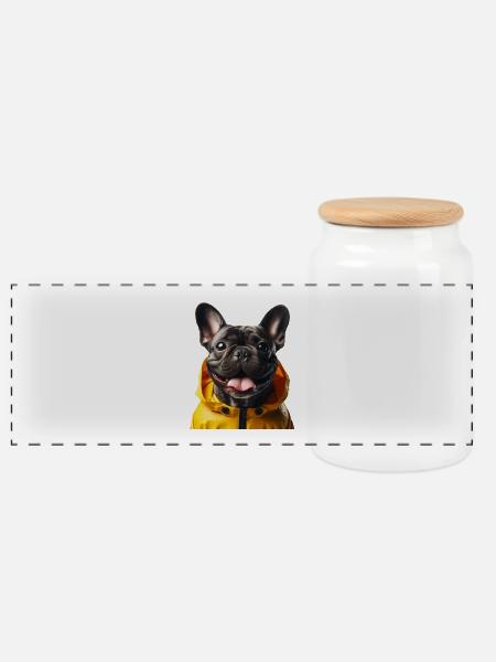 Französische Bulldogge in gelbem Anorak - Panorama Keksdose mit Holzdeckel - Weiß