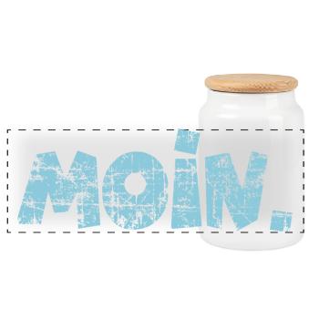 Moin. (Vintage Hellblau) Guten Morgen Gruß - Panorama Keksdose mit Holzdeckel - Weiß - Vorne