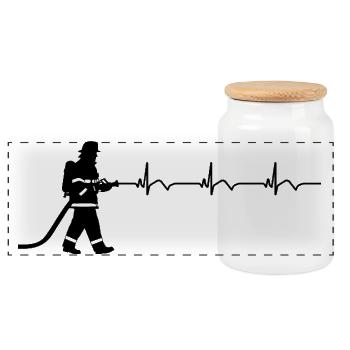 Firefighter Fire Brigade ECG Heartbeat - Panoramic Cookie Jar with Wooden Lid - white - Front