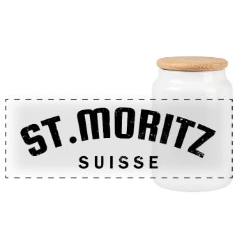 St. Moritz - Suisse - Switzerland - Swiss - Panoramic Cookie Jar with Wooden Lid - white - Front