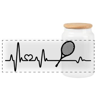 Heartbeat Tennis Racket Tennis Player - Panoramic Cookie Jar with Wooden Lid - white - Front