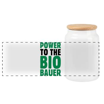 Power to the Biobauer Öko Spruch - Panorama Keksdose mit Holzdeckel - Weiß - Vorne