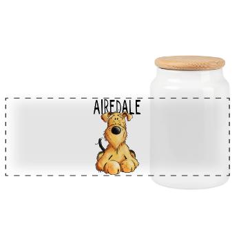 Happy Airedale Terrier Cartoon Dog Gift - Panoramic Cookie Jar with Wooden Lid - white - Front