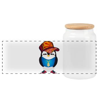 cute penguin as a hip hopper in a cool outfit - Panoramic Cookie Jar with Wooden Lid - white - Front
