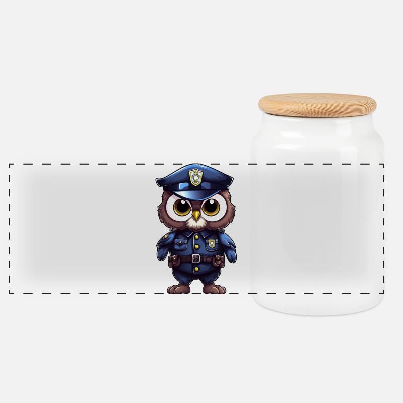 Police Owl - Panoramic Cookie Jar with Wooden Lid - white