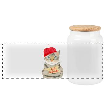 Süße Katze wünscht Frohe Weihnachten - Panorama Keksdose mit Holzdeckel - Weiß - Vorne