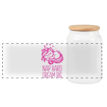 Nap Hard Dream Big schlafende Einhornkatze - Panorama Keksdose mit Holzdeckel - Weiß - Vorne