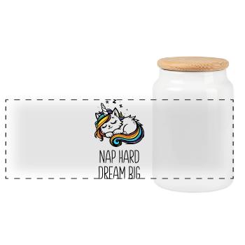 Sieste difficile rêver grand, chat licorne endormi (coloré) - Boîte à biscuits avec couvercle en bois - blanc - Devant