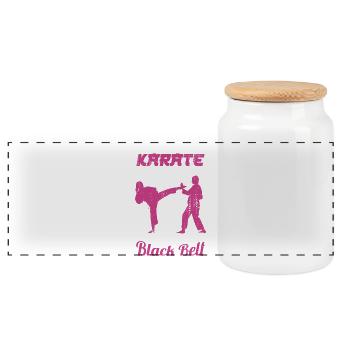 Karate girl with black belt - Panoramic Cookie Jar with Wooden Lid - white - Front