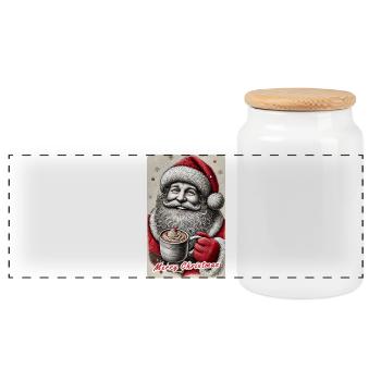 Fröhlicher Weihnachtsmann mit heißem Kakao - Panorama Keksdose mit Holzdeckel - Weiß - Vorne