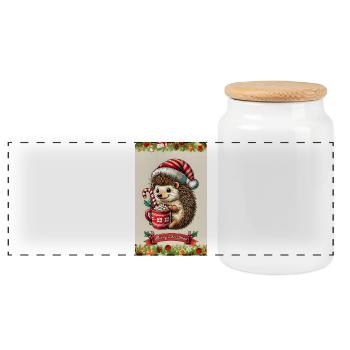 Weihnachtsigel mit heißer Schokolade - Panorama Keksdose mit Holzdeckel - Weiß - Vorne