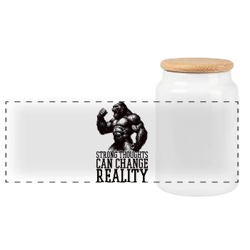 Strong Thoughts Gorilla Motivational Gift - Panoramic Cookie Jar with Wooden Lid - white - Front