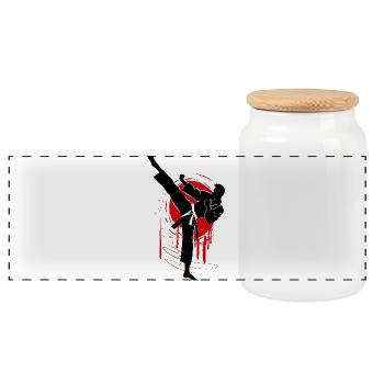 Judo Kämpfer Silhouette, rot-schwarz abstrakt - Panorama Keksdose mit Holzdeckel - Weiß - Vorne