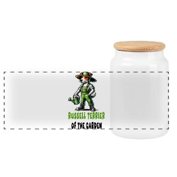 Jack Russell Terrier Gardener - Panoramic Cookie Jar with Wooden Lid - white - Front
