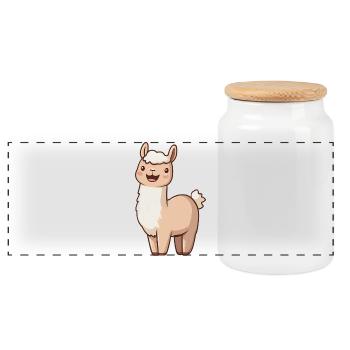 Cute Happy Smiling Alpaca - Adorable Cartoon - Panoramic Cookie Jar with Wooden Lid - white - Front