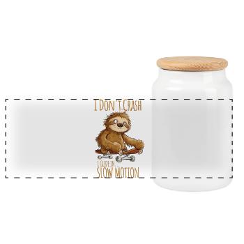 Sloth With Skateboard Saying I Don't Crash - Panoramic Cookie Jar with Wooden Lid - white - Front