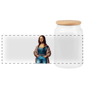 Mona Lisa (La Joconde) in Jeans - Panorama Keksdose mit Holzdeckel - Weiß - Vorne
