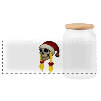 Skull Christmas Hat Braids Woman - Panoramic Cookie Jar with Wooden Lid - white - Front
