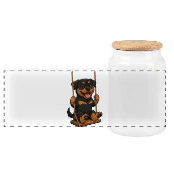 Cute cartoon Rottweiler on swing swings - Panoramic Cookie Jar with Wooden Lid - white - Front