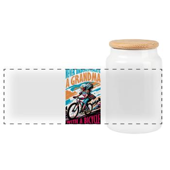 Vibrant Grandma Bicycle Adventure Design - Panoramic Cookie Jar with Wooden Lid - white - Front