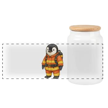 Cute Penguin Firefighter Safety Hero - Panoramic Cookie Jar with Wooden Lid - white - Front