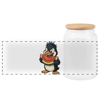 Funny Penguin with Melon Summer Fruit Cartoon - Panoramic Cookie Jar with Wooden Lid - white - Front