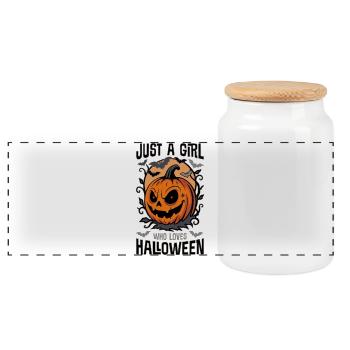 Just a Girl Who Loves Halloween – Pumpkin and Bats - Panoramic Cookie Jar with Wooden Lid - white - Front