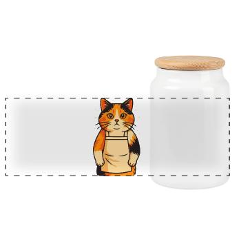 Entzückende Calico Katze in Schürze, Liebe Katzen - Panorama Keksdose mit Holzdeckel - Weiß - Vorne