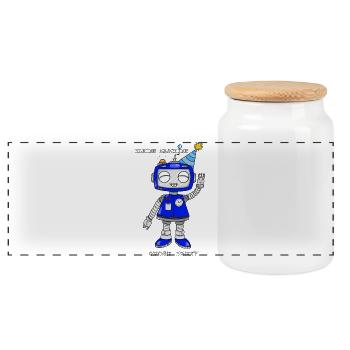 Verspielter Roboter mit Partyhut - Panorama Keksdose mit Holzdeckel - Weiß - Vorne