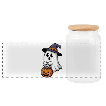 Motif de sorcière et de fantôme effrayant pour Halloween - Boîte à biscuits avec couvercle en bois - blanc - Devant