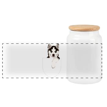 Husky en design de poche - chien de poche - Boîte à biscuits avec couvercle en bois - blanc - Devant