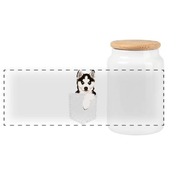 Husky mit blauen Augen in Tasche - Taschenhund - Panorama Keksdose mit Holzdeckel - Weiß - Vorne