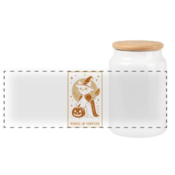 Hexenkatze mit Kürbis Halloween Design - Panorama Keksdose mit Holzdeckel - Weiß - Vorne