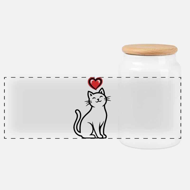 Dessin au trait de chat en forme de cœur - Boîte à biscuits avec couvercle en bois - blanc
