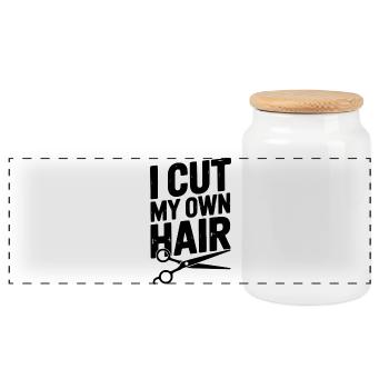 I Cut My Own Hair - Panoramic Cookie Jar with Wooden Lid - white - Front