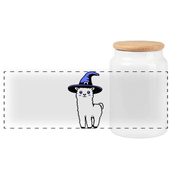 Cute Alpaca Llama Witch Hat Halloween Costume - Panoramic Cookie Jar with Wooden Lid - white - Front