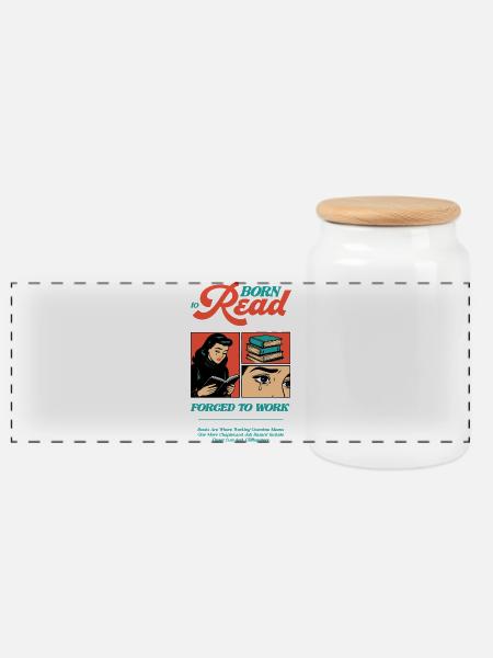 Born To Read Forced to Work - Panoramic Cookie Jar with Wooden Lid - white