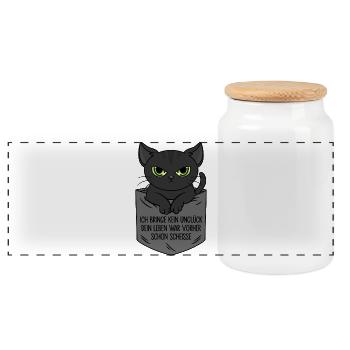 Ich bringe kein Unglück Schwarze Katze Brusttasche - Panorama Keksdose mit Holzdeckel - Weiß - Vorne