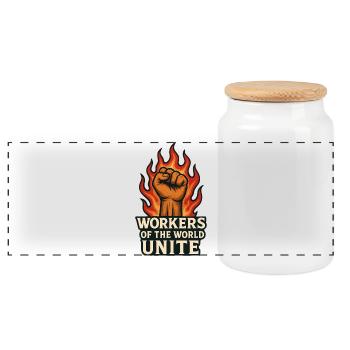 Fäuste und Flammen – Arbeiterwelt Unite - Panorama Keksdose mit Holzdeckel - Weiß - Vorne