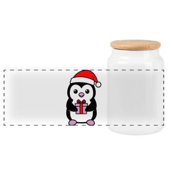 Süßer Weihnachts-Pinguin mit Geschenk - Panorama Keksdose mit Holzdeckel - Weiß - Vorne
