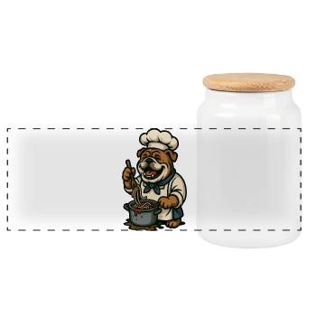 Bulldogge Koch Kochen Spaghetti Glücklich Cartoon Kunst - Panorama Keksdose mit Holzdeckel - Weiß - Vorne